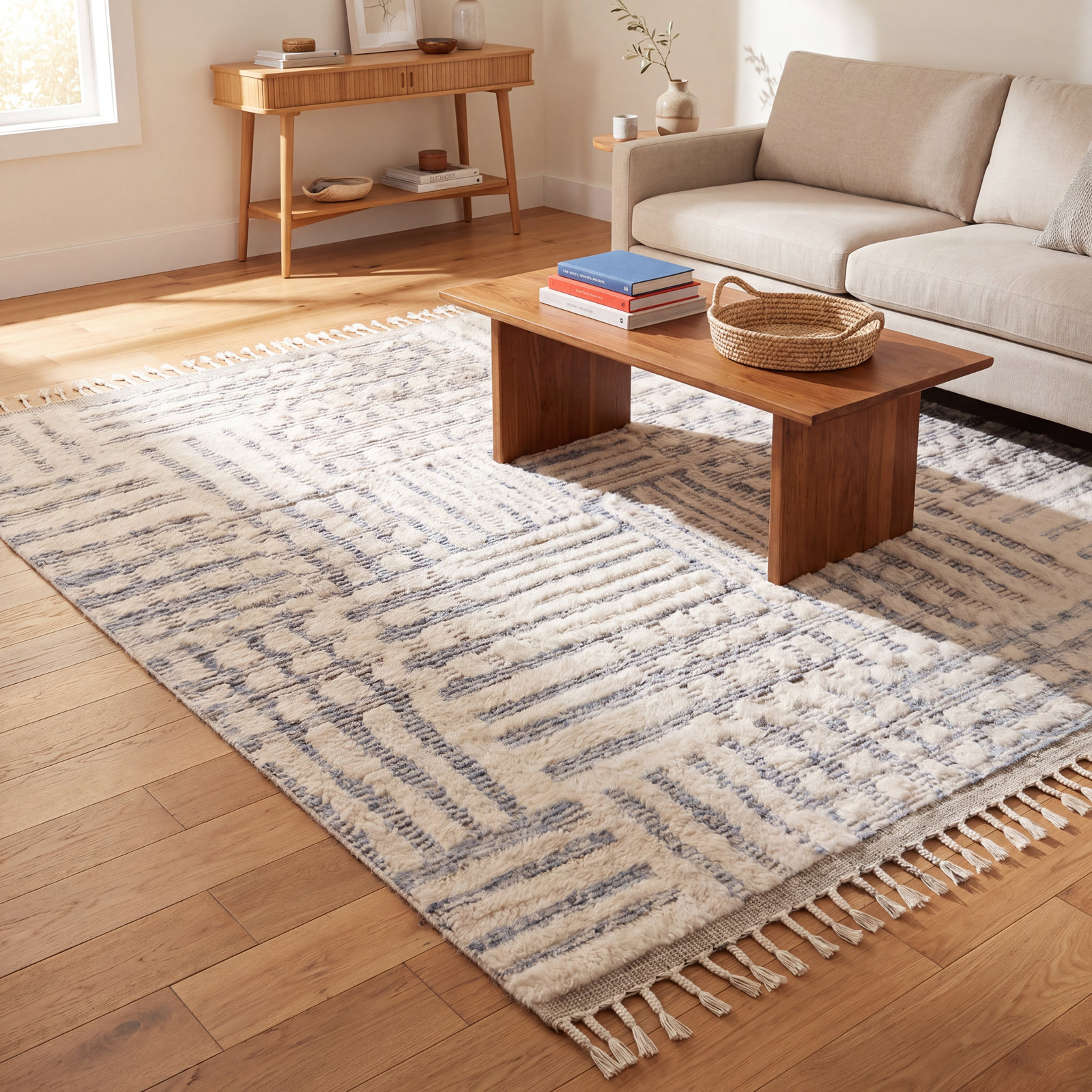 Benjamin Ivory Sky Hand-Knotted Geometric Rug, Rectangle 4' x 6'