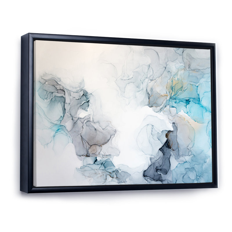 Vagues de marbre grises et bleues - art mural moderne sur toile, H 30 po x l 40 po x P 1,5 po, Toile avec cadre flottant noir