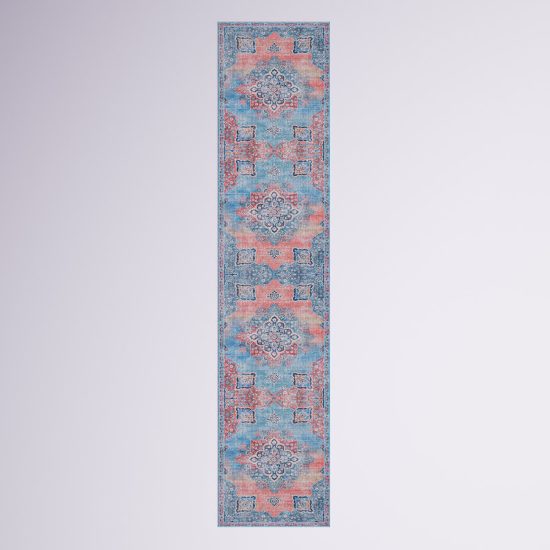 Tapis oriental rouge / bleu Demetrius, Tapis de couloir 2 pi x 9 pi
