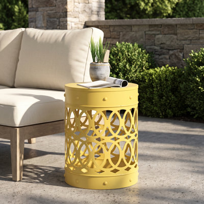 Table d'appoint d'extérieur moderne jaune de 35 cm (13,75 po), en fer, avec cadre métallique robuste et finition antirouille, idéale pour une utilisation à l'extérieur.