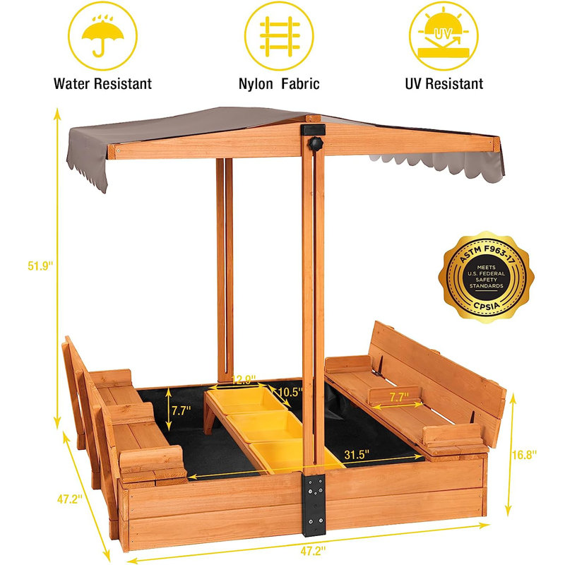 Large Wooden Sandbox with Adjustable Canopy and Toy Bin Storage