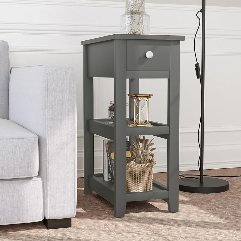 24'' Tall End Table, Narrow Side Table with Drawer and Shelves for Small Space, Gray