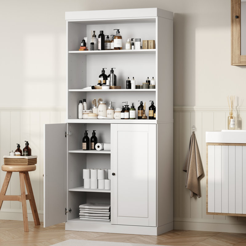 Palace Imports 100% Solid Wood Bathroom Storage Cabinet, Raised Panel Doors, Adjustable Shelves, 32" Wide, 71.5" Tall, White