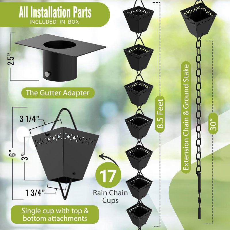 Ensemble de chaîne de pluie avec adaptateur et extension | Chaînes de pluie pour gouttières noires thermolaquées 10 pi