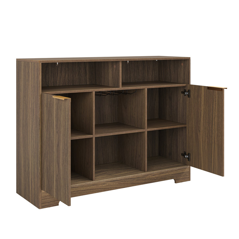 Buffet cannelé moderne à 2 portes l 47,2 po avec tablettes réglables et éclairage DEL, Noyer clair