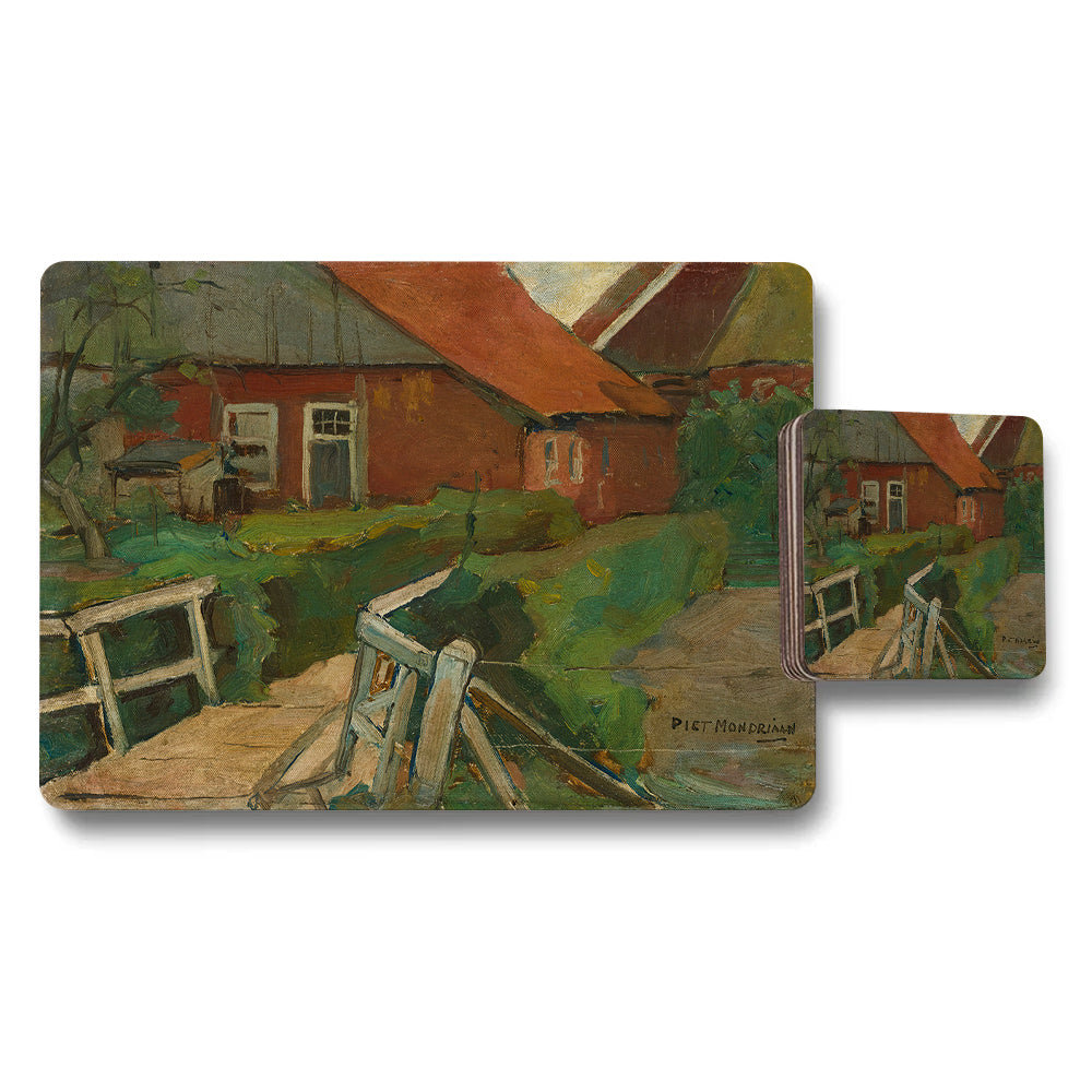 Placemat And Coaster Set With Impressionist Village Landscape Artwork