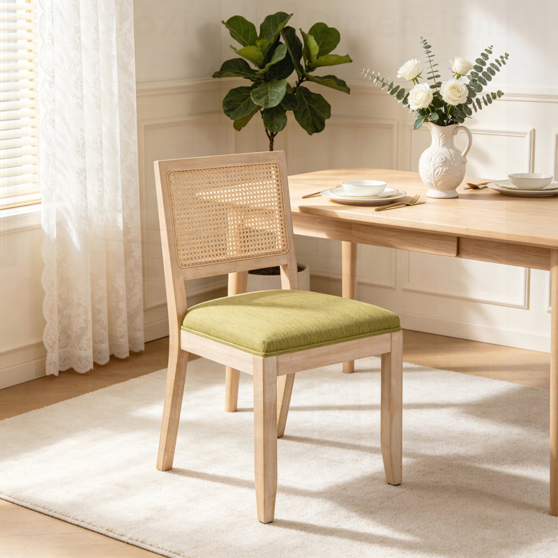 Ensemble de 2 chaises de salle à manger en rotin de style campagnard avec cadre en bois massif naturel et dossier bas