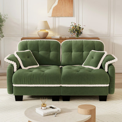 Chenille Cloud Loveseat Sofa with Pillows and Pom-Pom Trim, Green