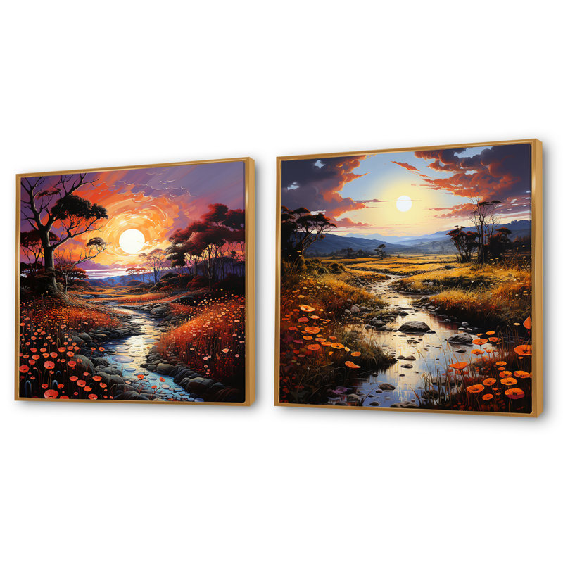 «Neo Expressionism Harmony Of River», 2 pièces, Cadre flottant doré, H 36 po x l 73 po