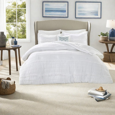 Ensemble de literie blanc King, ensemble de couette à volants 5 pièces en polyester, style shabby chic