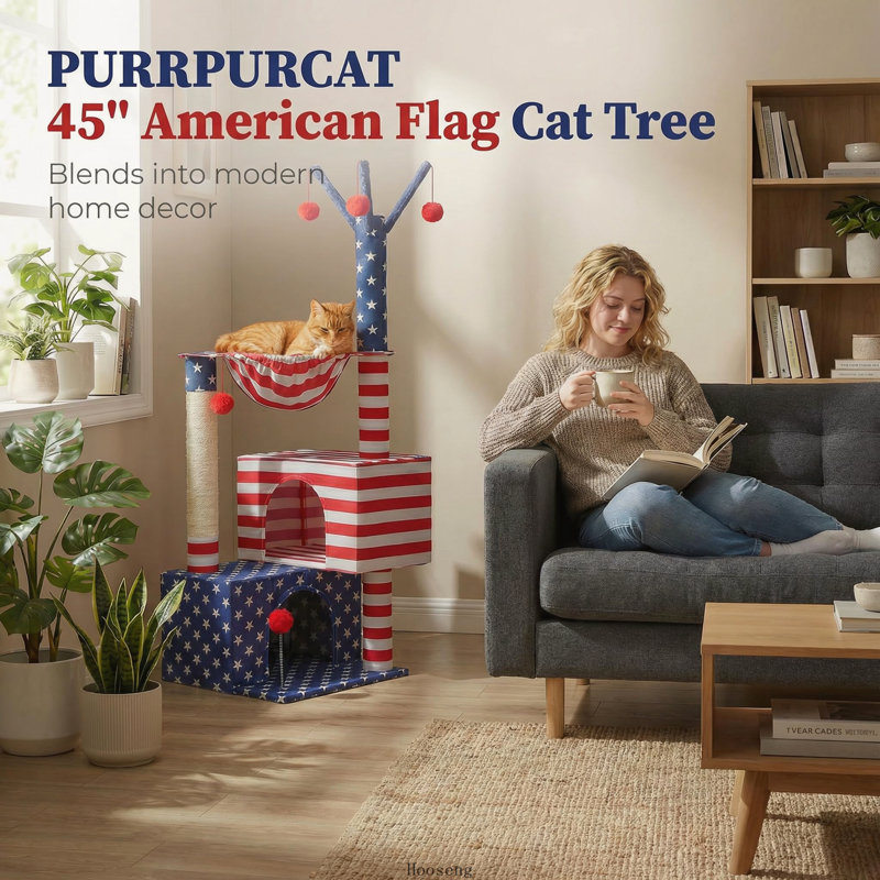 Arbre à chat drapeau américain pour chatons et chats âgés, tour de chat stable en coin de 45 po pour chat, étoile et rayures pour petits espaces avec 2 condos, hamac et griffoirs renforcés