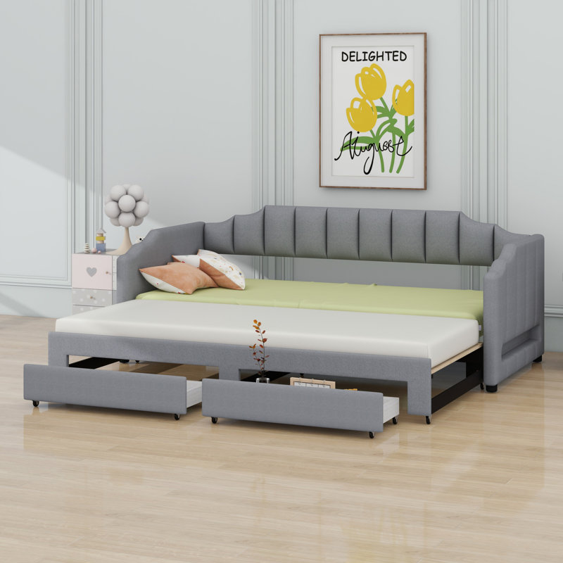 Lit de jour rembourré extensible avec deux tiroirs de rangement et lumière DEL, Gris