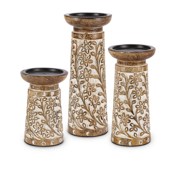 August Grove® Set Of 3 Mango Wood Candle Holders | Wayfair