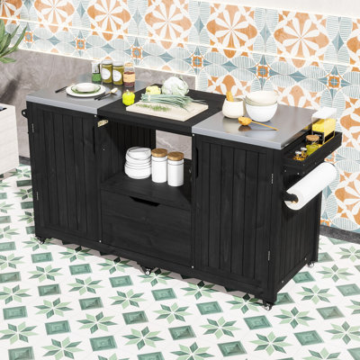 Îlot de cuisine extérieur pour barbecue, table de barbecue en bois de sapin massif avec plateau et tiroirs en acier inoxydable
