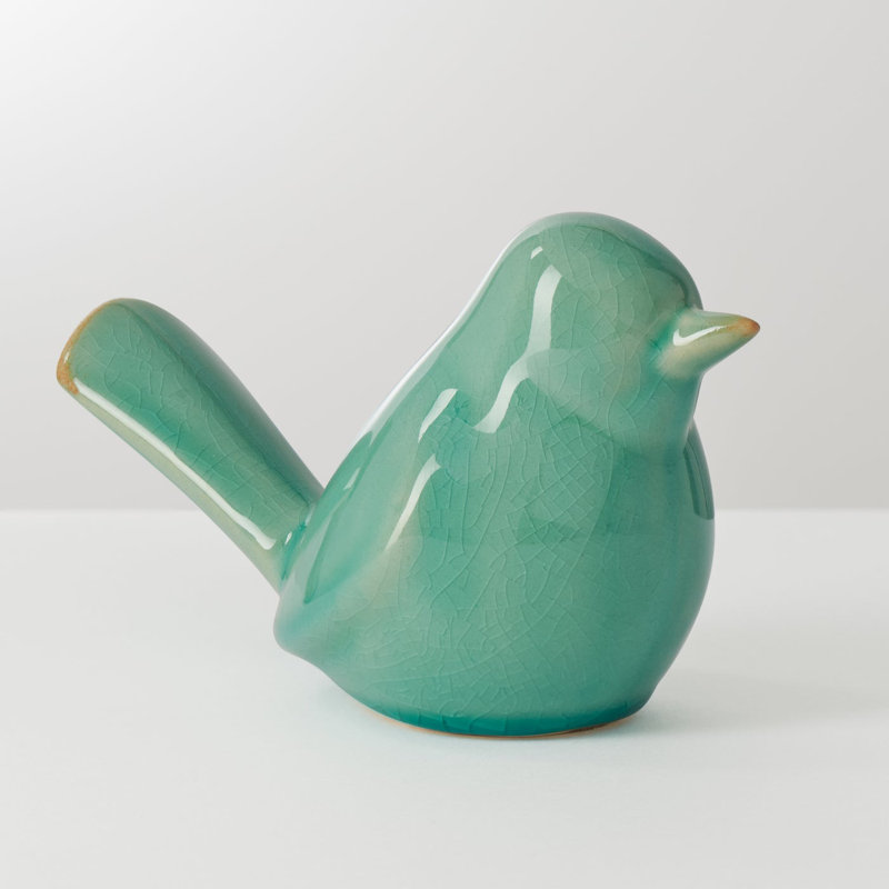 Celadon Perch 6" Green Crackled Reactive Glaze Ceramic Bird Sculpture, Green Crackle