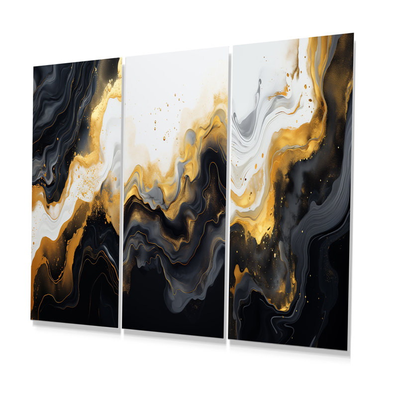 Gold And Black Marble Essence I - Abstract Marble Metal Art Print Set Of 3, 28" H x 36" W