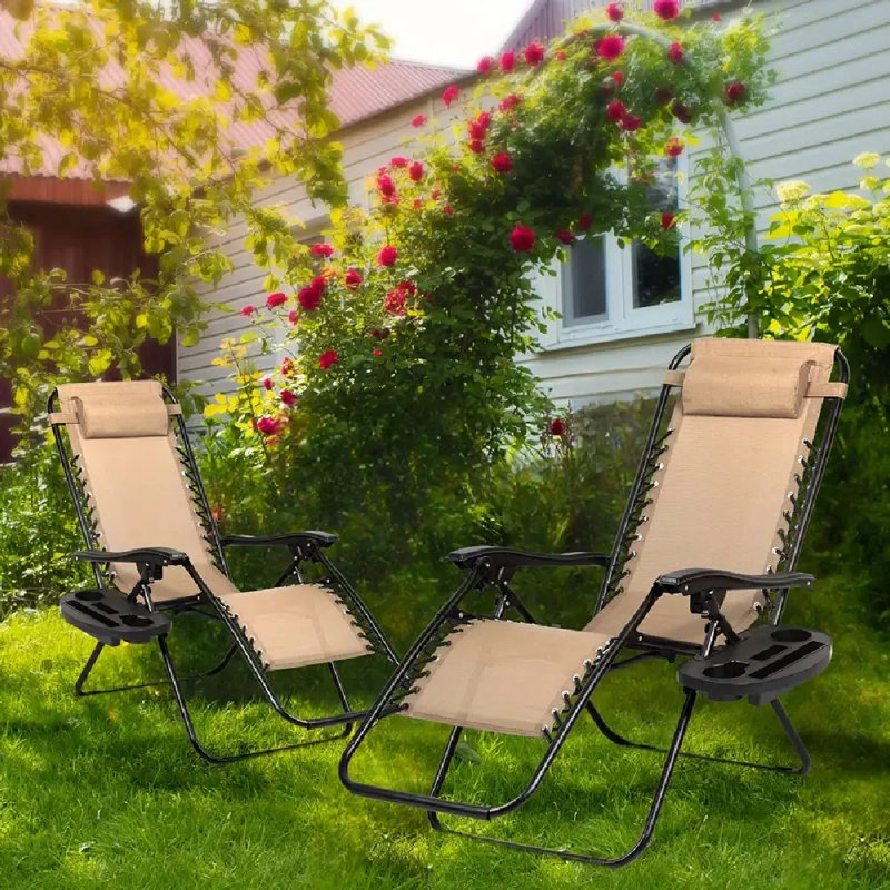 Set Of 2 Adjustable Steel Mesh Zero Gravity Lounge Chairs With Pillow & Cup Holder - Portable Beach Chairs For Patio, Garden, Or Outdoor Relaxation, Lightweight & Durable Design, Patio Furniture, Garden Seating, Modern Seating, Sturdy Construction, Patio 