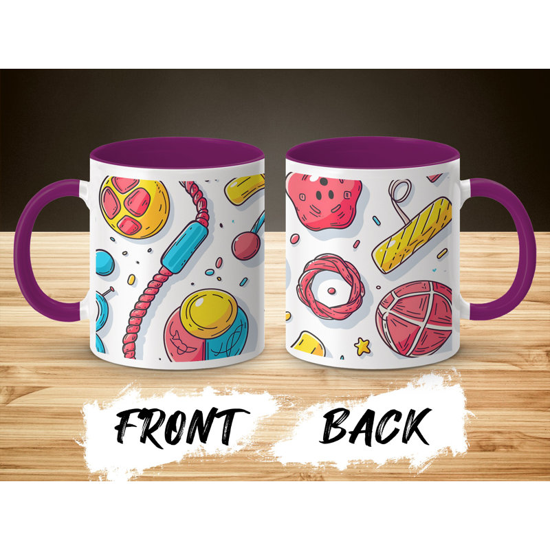Kids Drawing Style 11oz Accent Mugs – Ceramic Coffee Cup with a Purple Handle and Interior