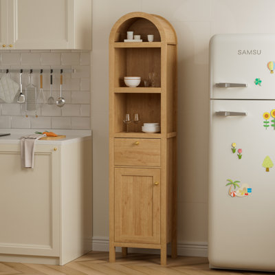 67" Farmhouse Arched Storage Tower With Door And Drawer – Laminate Cabinet With Brass Handles For Living Room, Bathroom, Or Kitchen