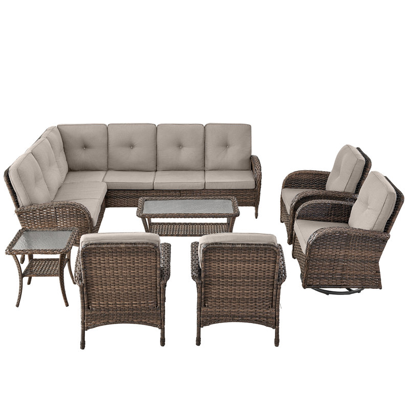 Serita Trym 9-Person Outdoor PE Wicker Patio Sectional Outdoor Conversation Set With Cushions, Beige