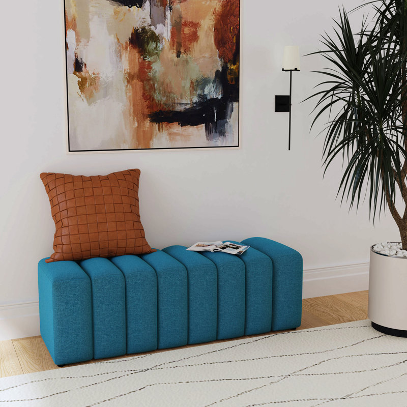 Banc d'appoint capitonné en tissu bleu, Bleu paon, Bleu