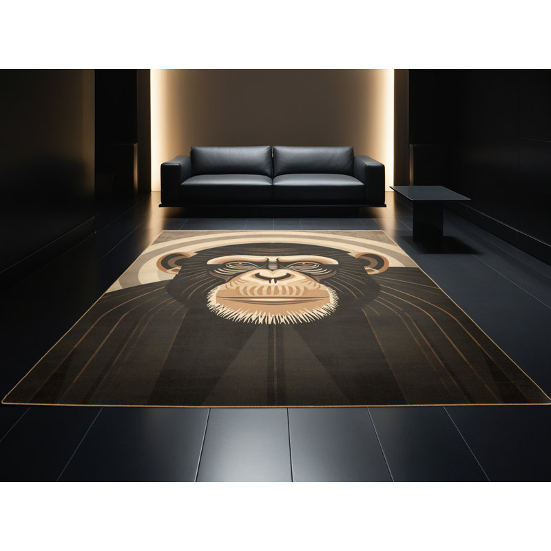 Machine Washable Pantelia Chimpanzee Primate Art Deco Arc Rug in Brown – LightBrown Binding, 2x3