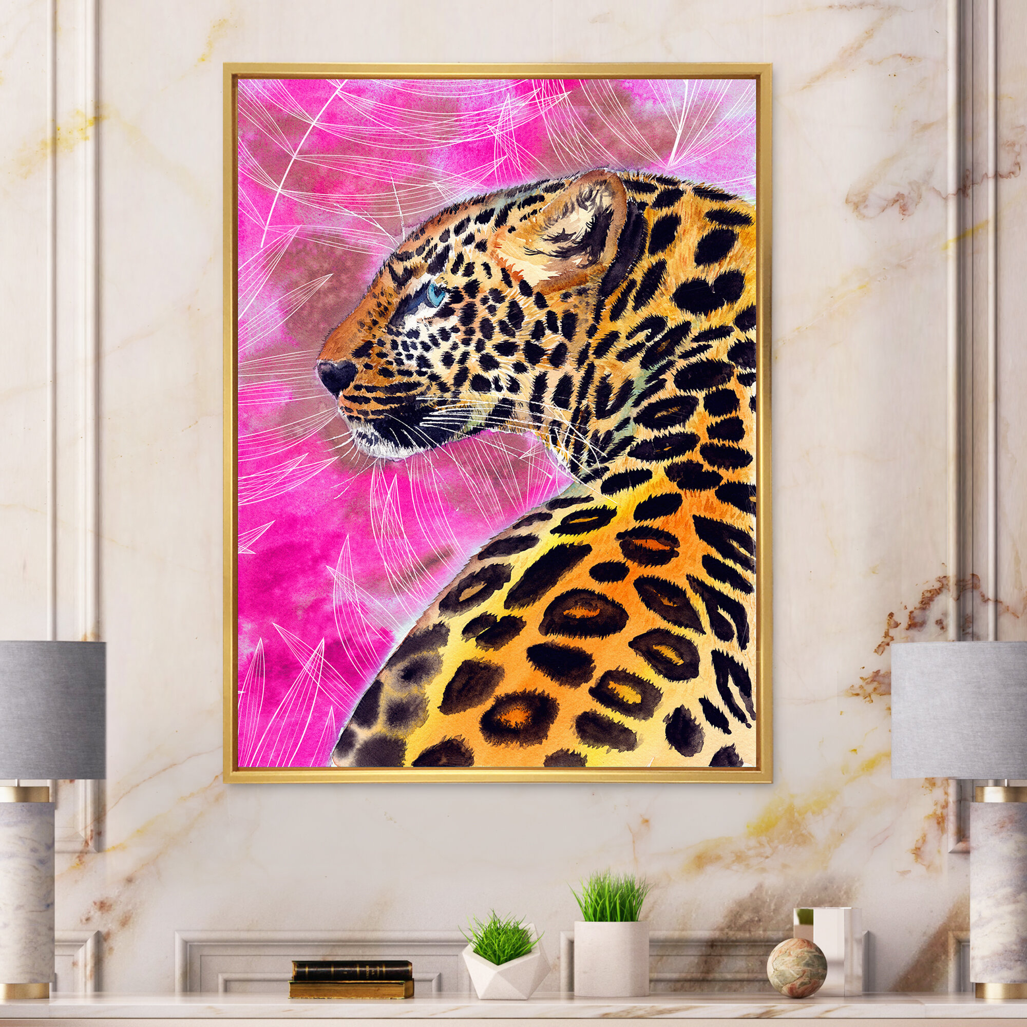 Golden Leopard with Black Spots on Pink - Print on Canvas East Urban Home Format: Gold Floater Framed, Size: 32 H x 16 W