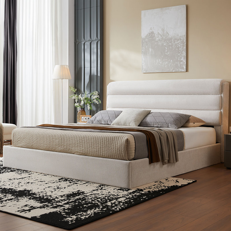 Lit plateforme tapissier avec rangement relevable, Très grand, Ivoire ivoire