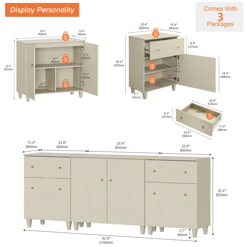 3-In-1 Sideboard Buffet Cabinets With Doors And Drawers, Beige