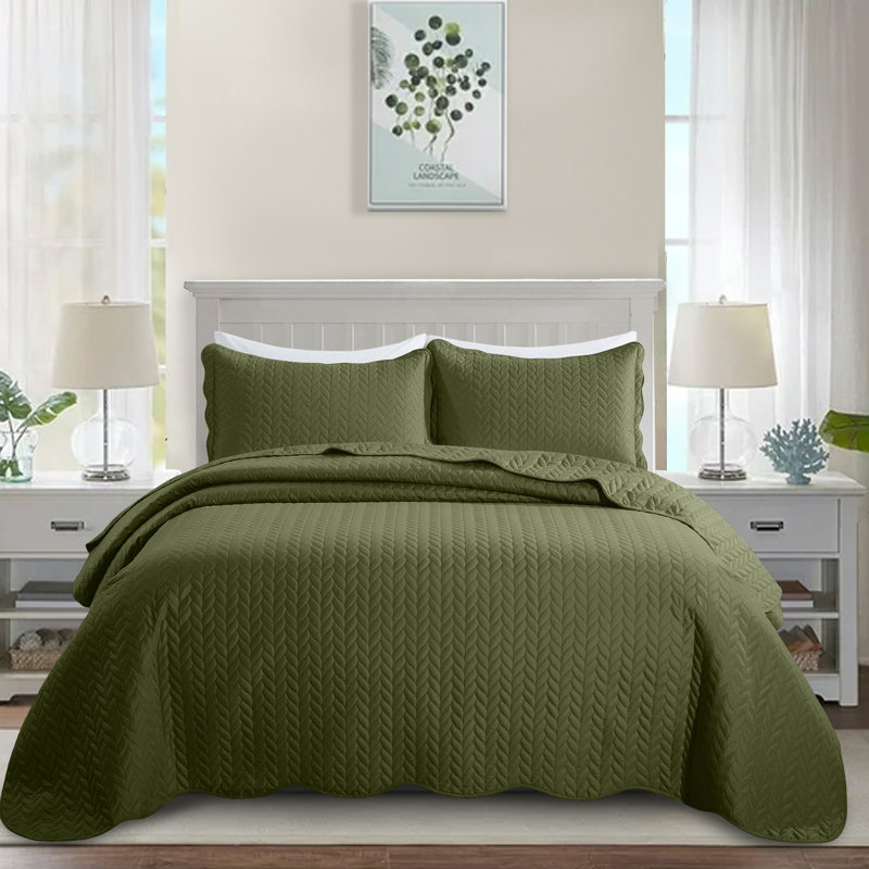 Ensemble de couvre-lit en microfibre, Vert olive, Couvre-lit très grand californien + 2 très grand