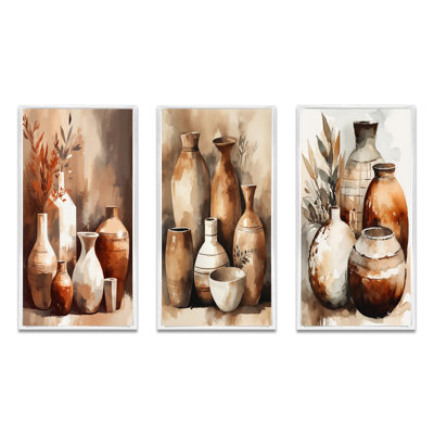 Ensemble d'imprimés 3 pièces - Vase élégant en terre brune et crème