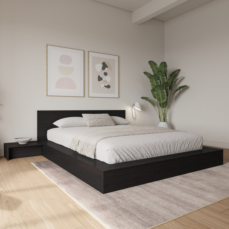Ensemble de chambre à coucher avec lit plateforme 3 pièces Makoa, Black, Très grand lit
