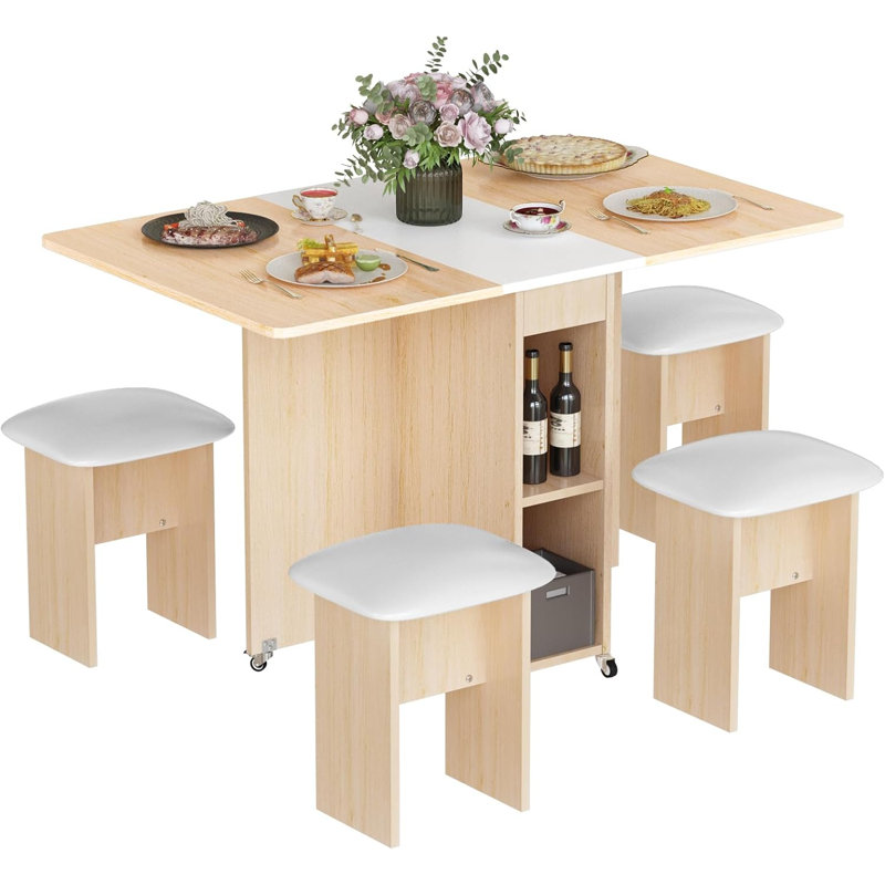 5pcs Dining Room Table and Chair Set with  Drop-Leaf, Modern Folding Dining Table With 6 Wheels And Four Stools,Space Saving Dining Table And Chairs For Dining Room, Kitchen