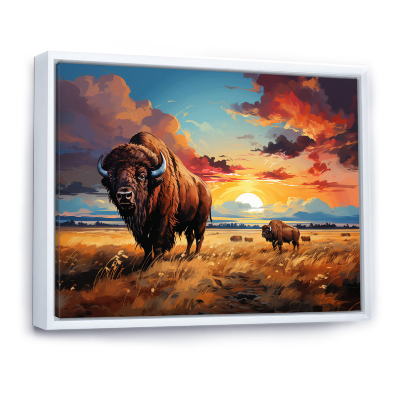 Art amérindien Bison Prairies III - impression, Cadre flottant blanc, H 12 po x l 20 po x P 1 po