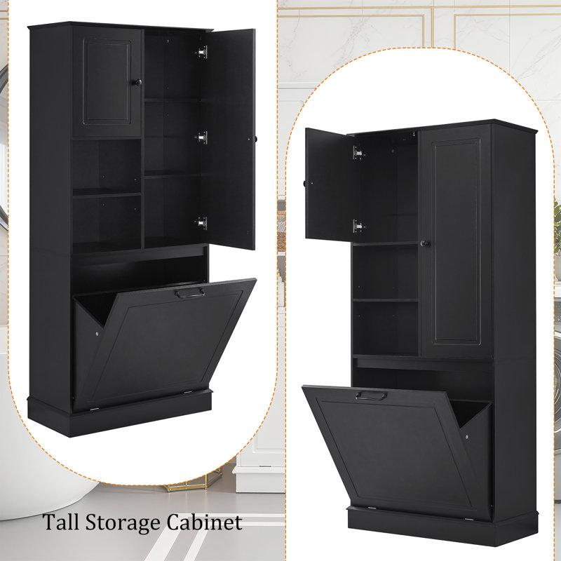 Fleurine 68'' H Bathroom Cabinet with Tilt-Out Laundry Hamper,Modern Linen Cabinet with Adjustable Shelf,Freestanding Style