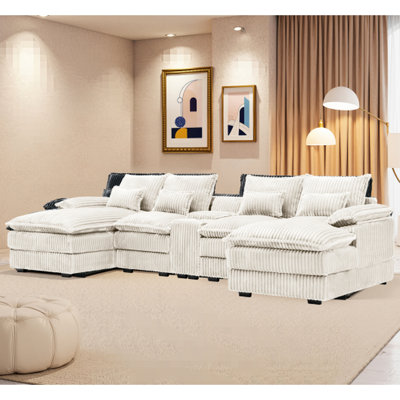 Five - Piece 120 Inch U Shaped With Center Console And Ports, Four Pillows For Added Comfort, Modern Couch Storage Cup Holders, Cloud High Elasticity Foam Filling, Soft Woolen Fabric, Modular 6