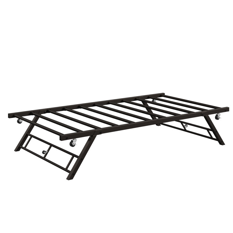 Twin Pop Up Trundle Bed Frame,Trundle Day Bed with Lockable Casters,Foldable Metal Platform, Brown