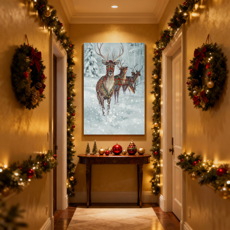 Renne de Noël dans une forêt enneigée, ensemble de 3 reproductions d'art sur toile, H 24 po x l 16 po