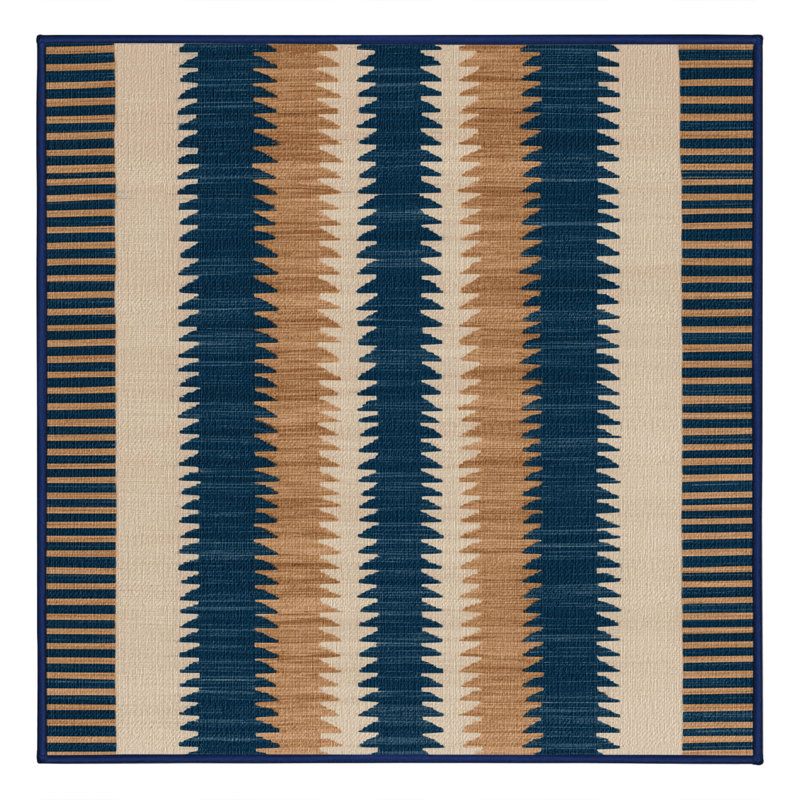 Washable Maritime Blue Ivory Striped Area Rug, Square 5'