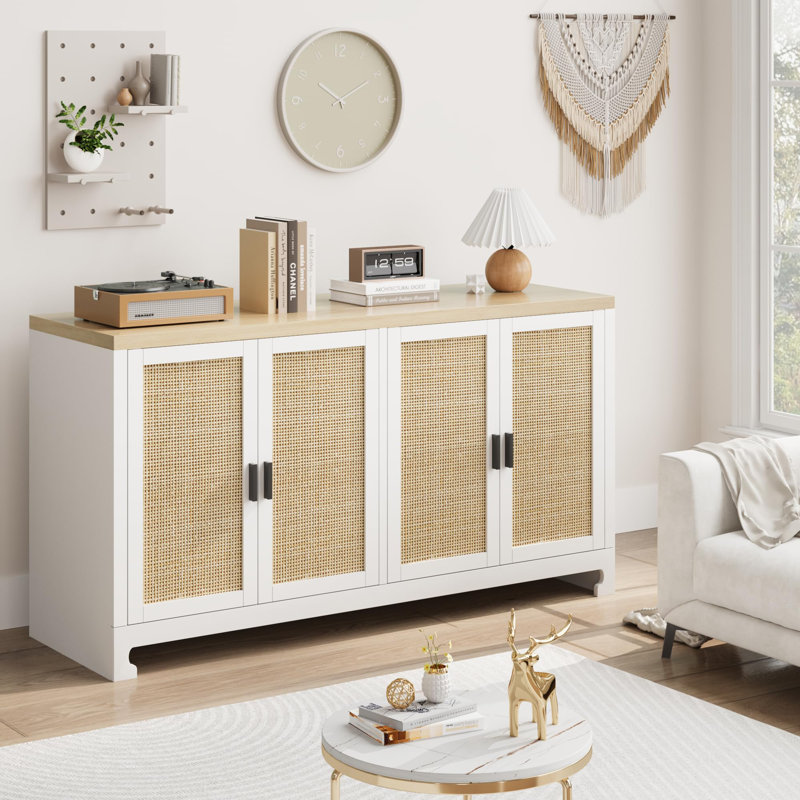 White and Natural Rattan 4-Door Buffet Cabinet with Shelf