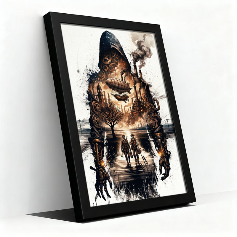 Black Wood Framed，Canvas Wall Art for Living Room, Bedroom, Office or Entryway – Decorative Wall Decor with Steampunk Fantasy