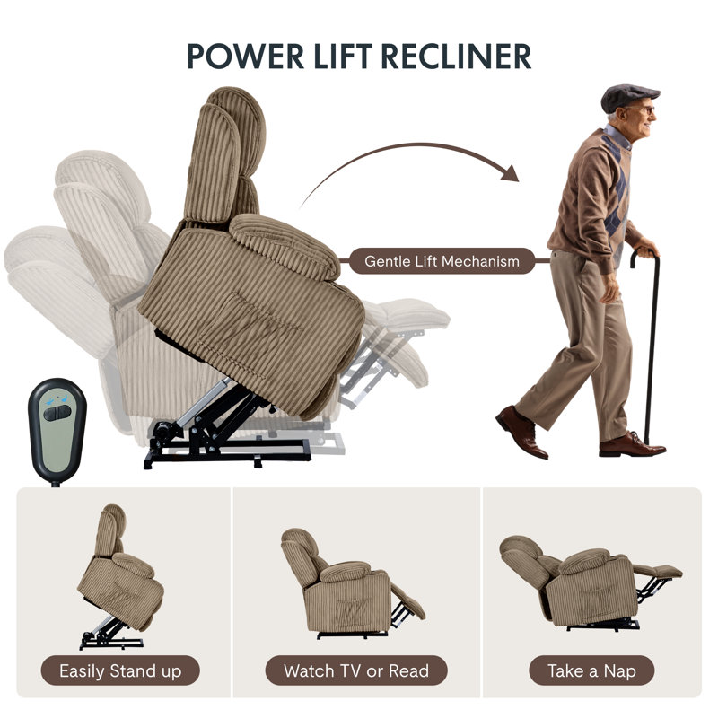 Power Lift Recliner Chair with Infinite Position Recline, Heat, and Massage, Khaki Corduroy