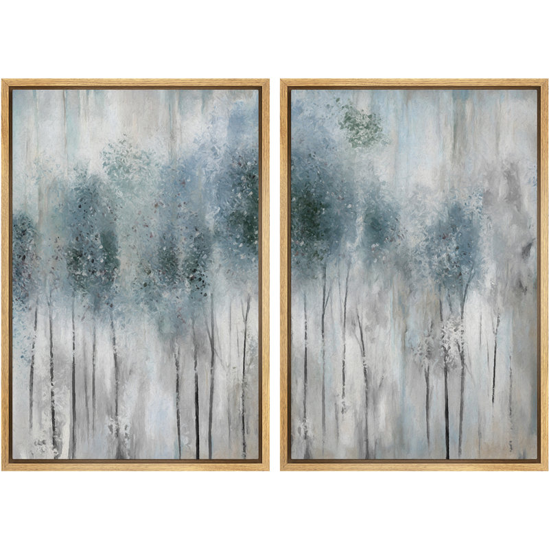 Abstrait forêt pastel aquarelle bleu sarcelle forêt abstraite paysage encadré sur toile 2 pièces, H 36 po x l 48 po, Naturel