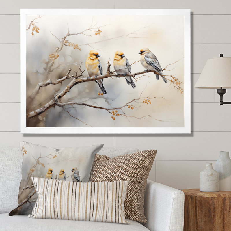«Bird Silent Watcher VI» - art mural oiseau, H 30 po x l 40 po x P 1,5 po, Cadre simple blanc