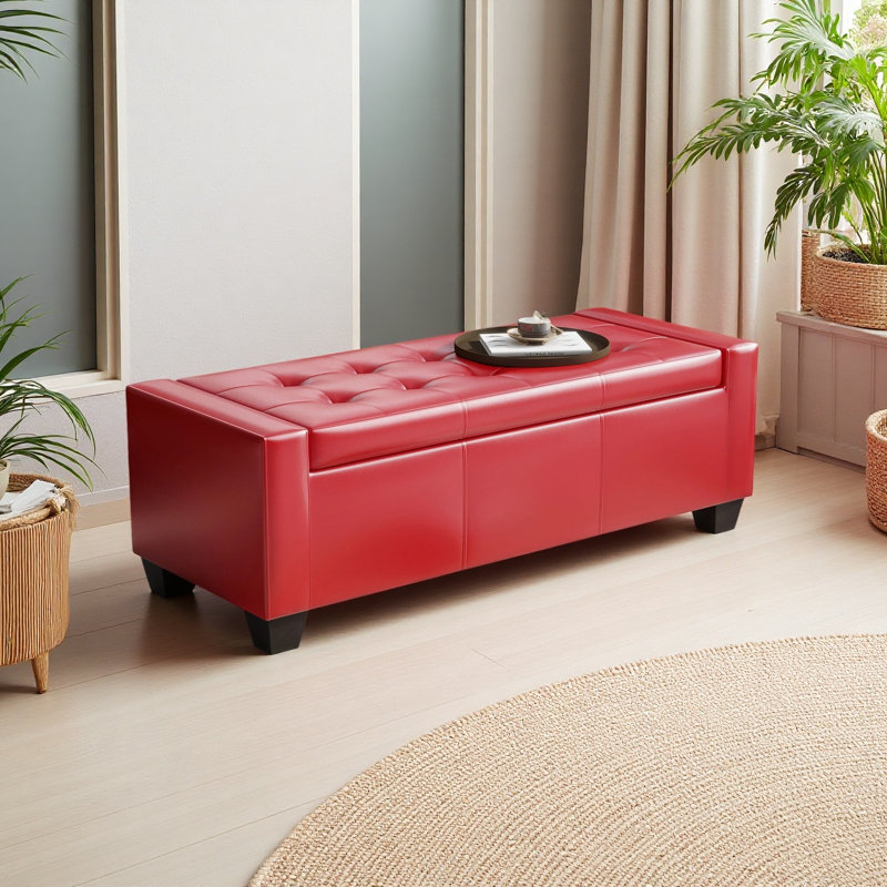 Banc de rangement capitonné avec repose-pieds, similicuir 50,5 po, rectangulaire, peu encombrant pour le salon, Bright Red