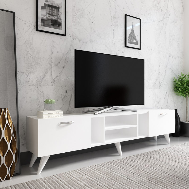 Meuble télé blanc moderne avec rangement supplémentaire, 70,9 x 16,4 x 11,6 pouces | Panneau de particules 100% enduit de mélamine | Nombreuses tablettes pour l'organisation | Design élégant et fonctionnel pour le salon et les espaces de divertissement