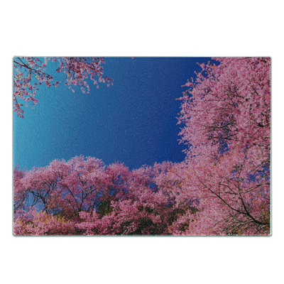 Ambesonne Nature Tempered Glass Cutting Board Cherry Blossom Trees Fuchsia Blue