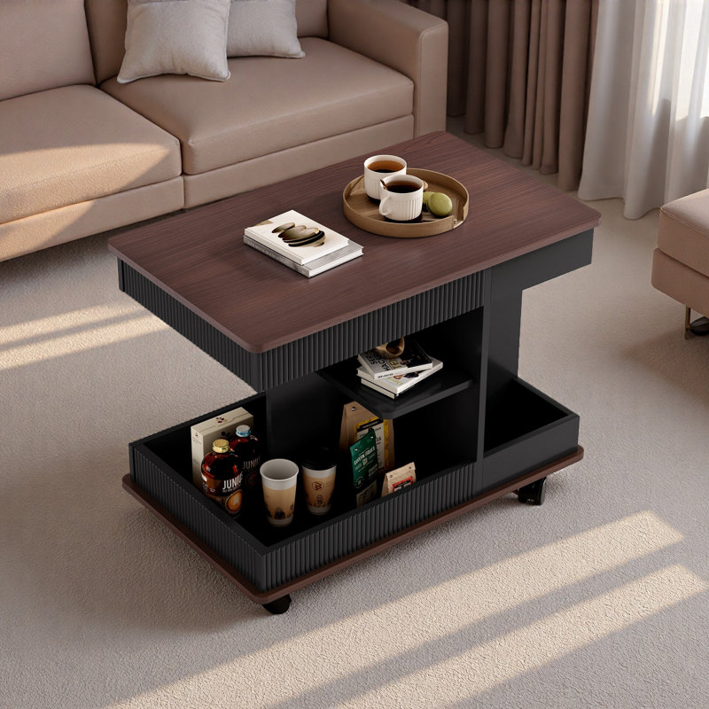 Table de bout réglable avec roulettes, table d'appoint moderne multifonctionnelle avec plateau relevable, plateau tournant à 360 ° et espace de rangement pour le salon, petit espace