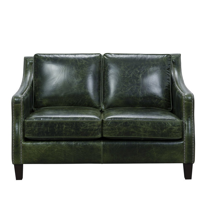 Asmunn 57” Distressed Green Top Grain Leather Sloped Arm Loveseat