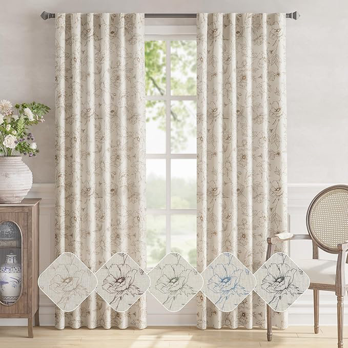 Paire de rideaux en lin mélangés à motif floral avec passe-tringle, Taupe, L 50 po x L 84 po